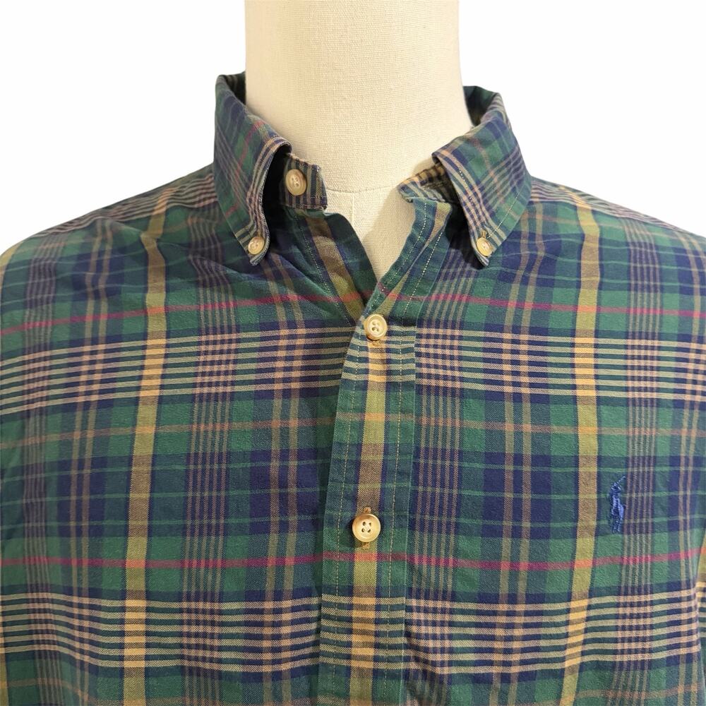 Ralph Lauren Men's Blue Green Plaid 100% Cotton Button Down Shirt Sz XXL Preppy